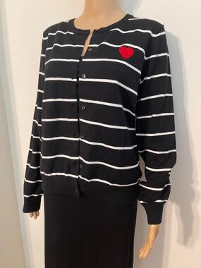 NWT Black & White Striped Button Down Cardigan with Red Heart Patch